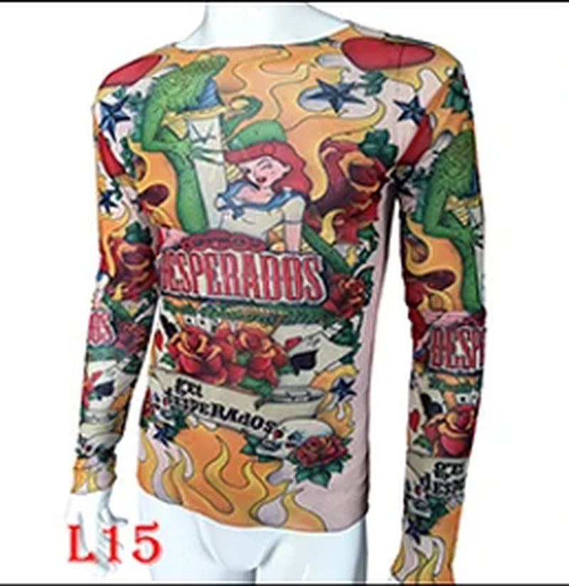 Fashion Men'S Fake Tattoo T-Shirts Long Sleeve Elastic Modal Thin All over Print O-Neck Tattoo Shirts Women Halloween Clothing