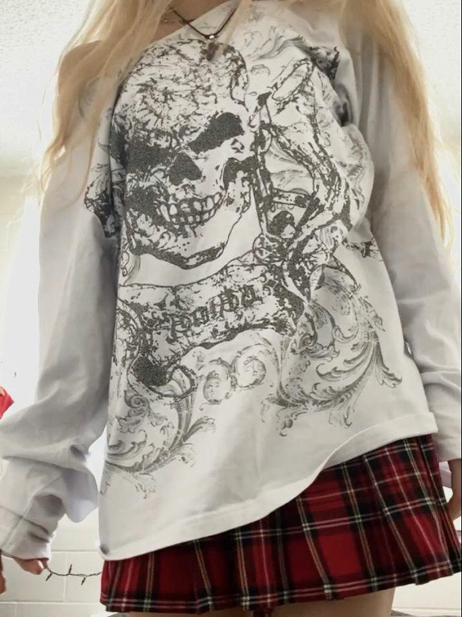 Women Y2K Grunge Fairy Tops Fashion Halloween Long Sleeve Off Shoulder Skull Print Casual Street Party Fall T-Shirt