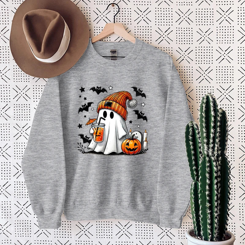 New Women's Sweatshirt Halloween Ghost Pumpkin Bat Print Round Neck Pullovers Ladies Autumn Winter Casual Halloween Sweatshirt