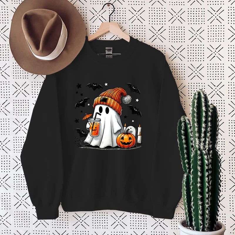 New Women's Sweatshirt Halloween Ghost Pumpkin Bat Print Round Neck Pullovers Ladies Autumn Winter Casual Halloween Sweatshirt