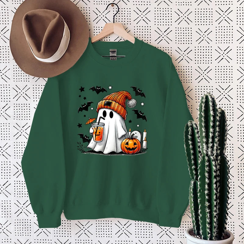 New Women's Sweatshirt Halloween Ghost Pumpkin Bat Print Round Neck Pullovers Ladies Autumn Winter Casual Halloween Sweatshirt