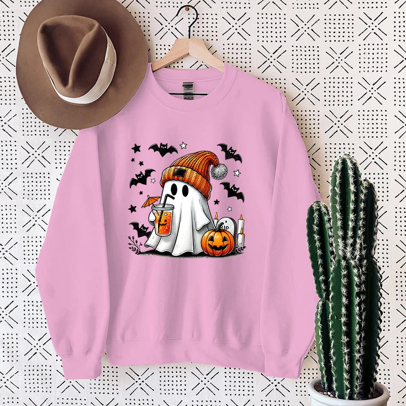 New Women's Sweatshirt Halloween Ghost Pumpkin Bat Print Round Neck Pullovers Ladies Autumn Winter Casual Halloween Sweatshirt