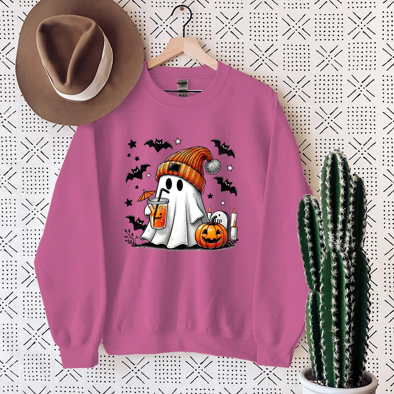 New Women's Sweatshirt Halloween Ghost Pumpkin Bat Print Round Neck Pullovers Ladies Autumn Winter Casual Halloween Sweatshirt