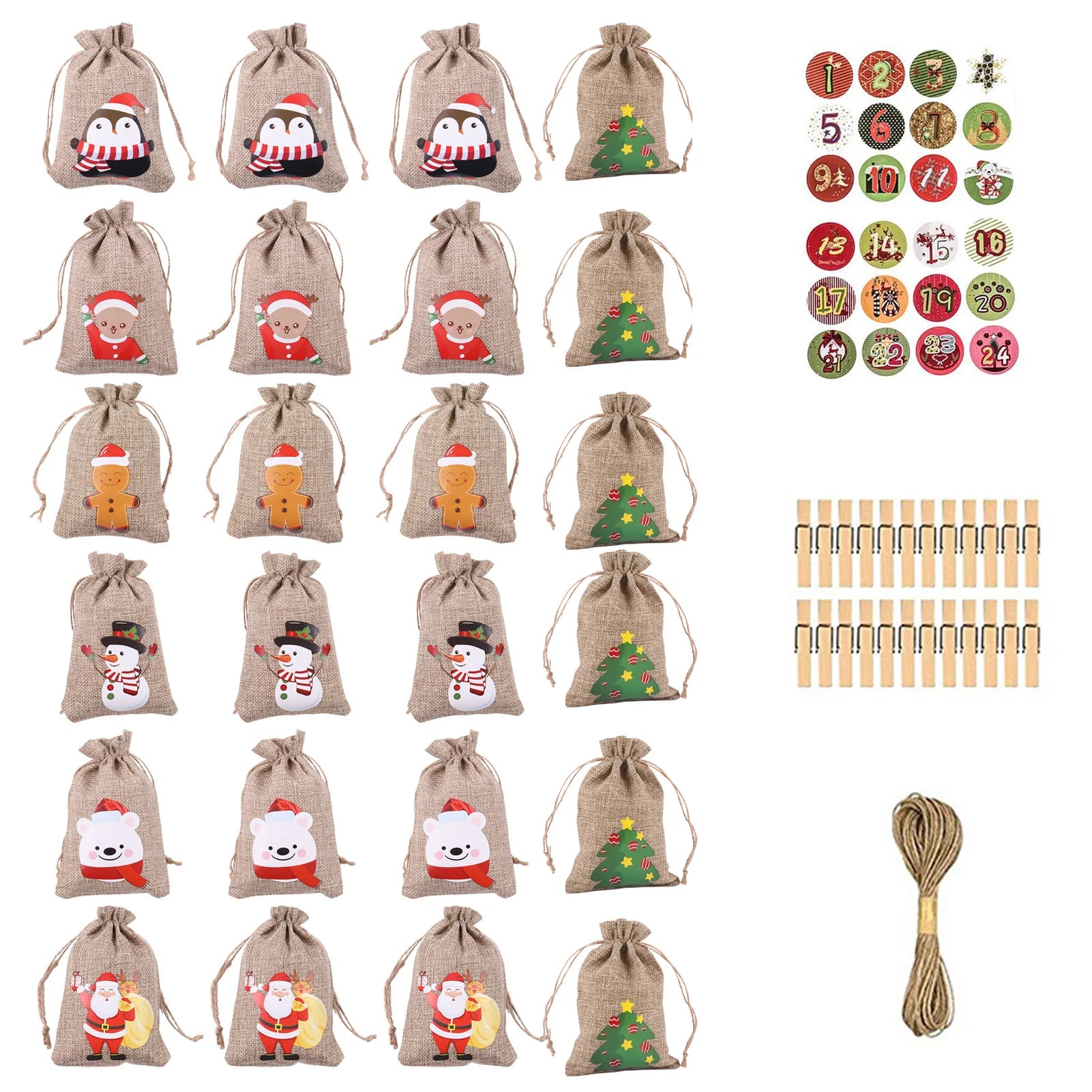 24Pcs Christmas Advent Calendar Bag Linen Wall Hanging Drawstring Bag with Clips Wooden Sign 2022 Christmas Countdown Advent Bag