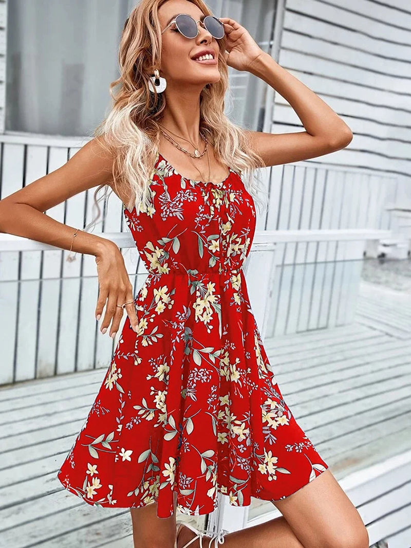 Elegant Floral Print Backless Sundress for Women - Summer Casual Sleeveless Lace-Up Beach Dress 2024