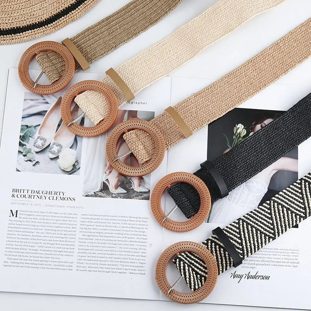 Fashion Women PP Straw Belt Bohemian Wide Elastic Waist Belt Braided Waistbelt Summer Casual Cloth Waistbelt Apparel Accessories