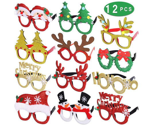 12 Pcs Christmas Glasses Glitter Party Glasses Frames Christmas Decoration Costume Eyeglasses for Christmas Parties Holiday Favors Photo Booth