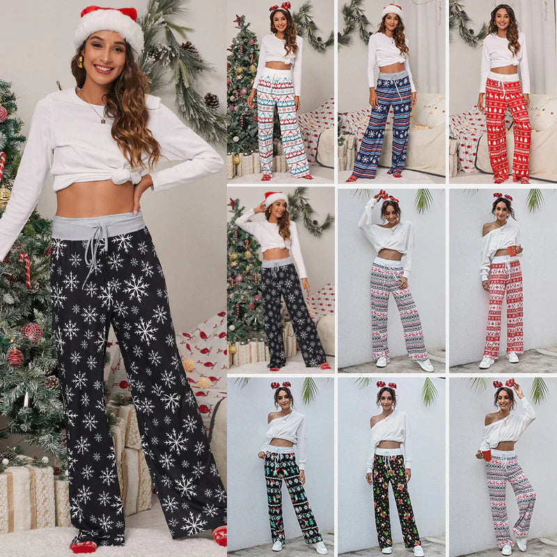 "Festive Charm: Women's Casual Drawstring Trousers with Christmas Snowflake, Tree, and Elk Print"