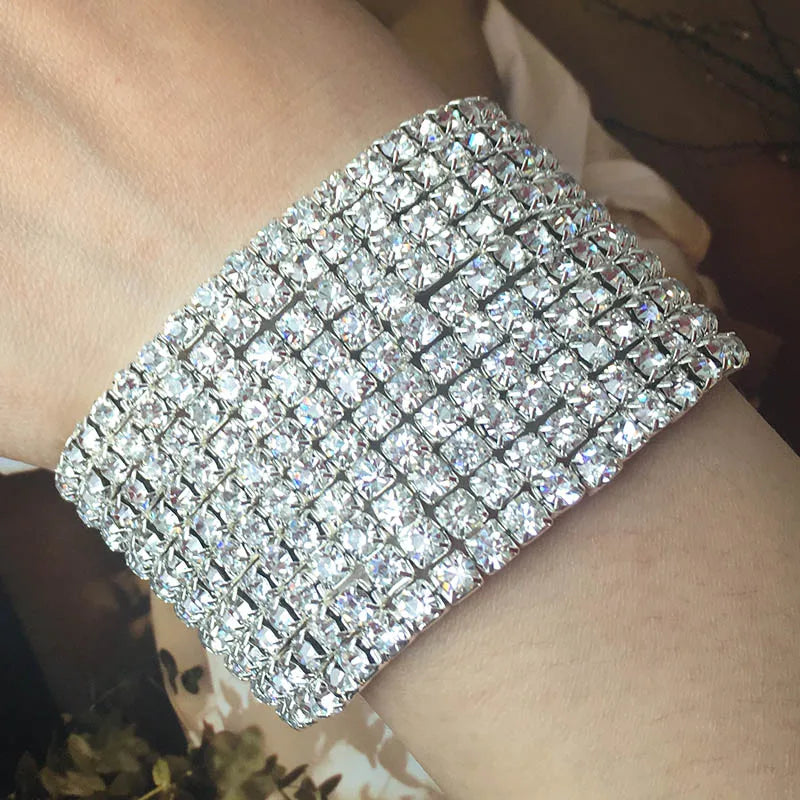 Bridal Rhinestone Bracelet Multi-Row Crystal Stretch Bracelet Wristband Stretchable Bracelet Gold Silver Plated Width Bracelet