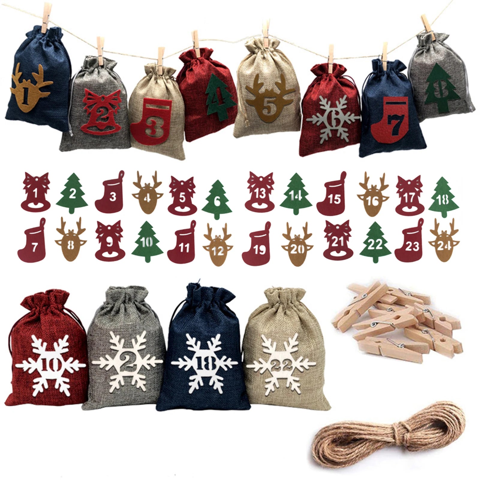 24Pcs Christmas Advent Calendar Bag Linen Wall Hanging Drawstring Bag with Clips Wooden Sign 2022 Christmas Countdown Advent Bag