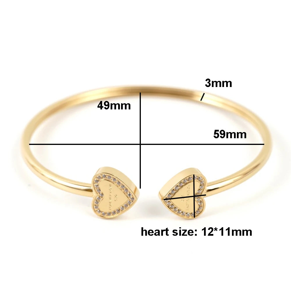 Trendy Two Heart Crystal Bangles for Women Men Stainless Steel Charm Women'S Bracelet Wedding Party Luxury Jewelry Gifts