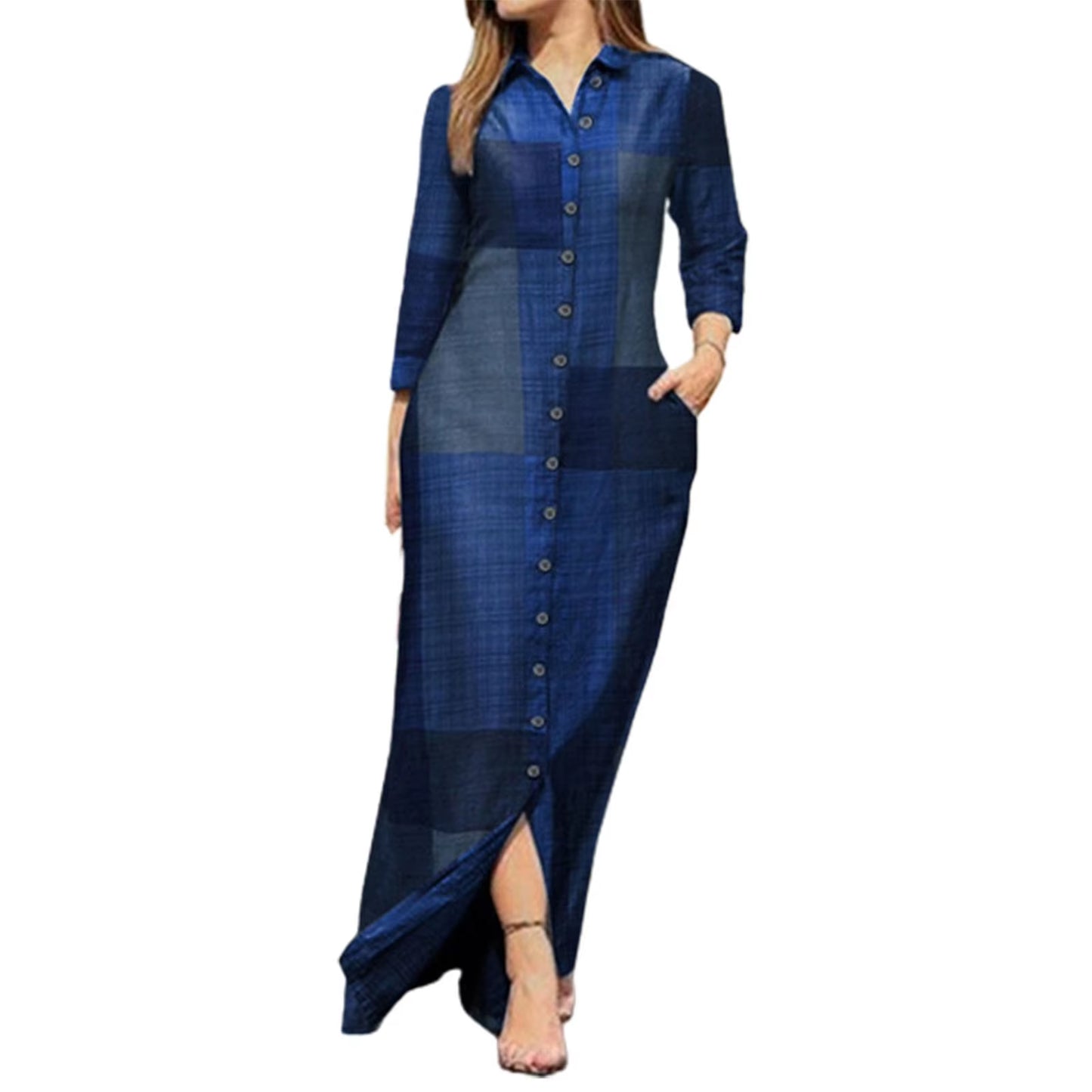 New Autumn Casual Fashion Women Dress Single-Breasted Long Sleeve Printed Loose Maxi 