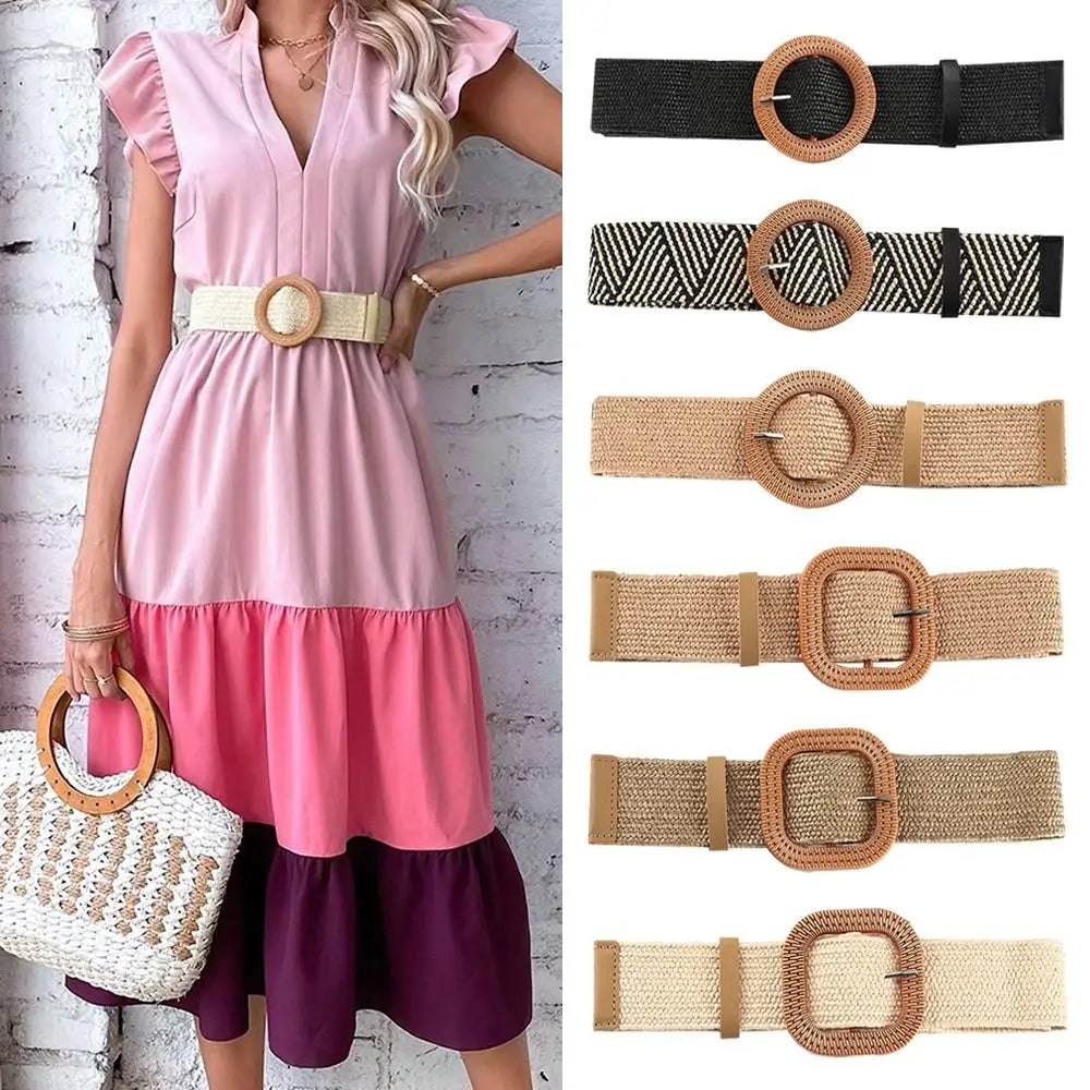 Fashion Women PP Straw Belt Bohemian Wide Elastic Waist Belt Braided Waistbelt Summer Casual Cloth Waistbelt Apparel Accessories