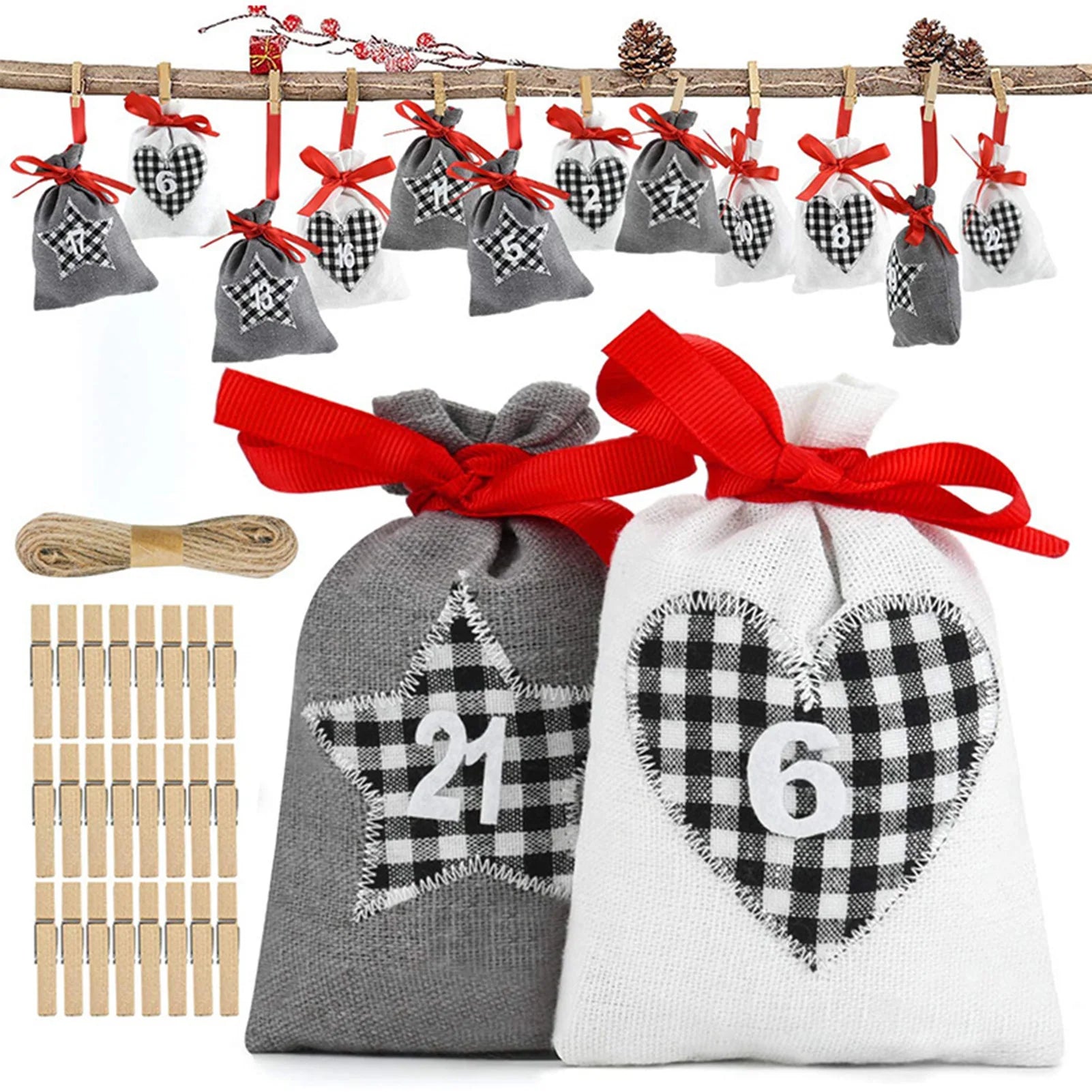 24Pcs Christmas Advent Calendar Bag Linen Wall Hanging Drawstring Bag with Clips Wooden Sign 2022 Christmas Countdown Advent Bag