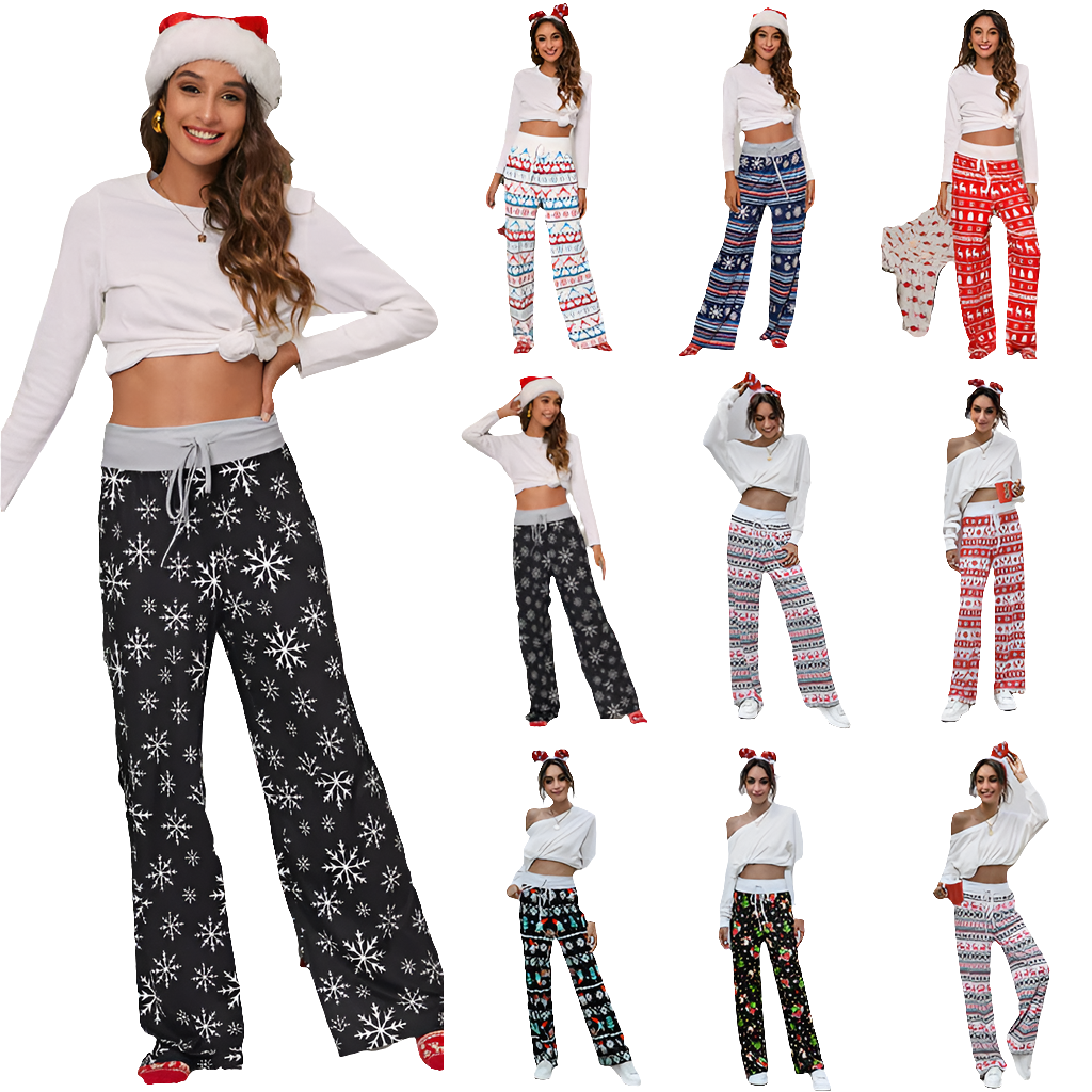 "Festive Charm: Women's Casual Drawstring Trousers with Christmas Snowflake, Tree, and Elk Print"