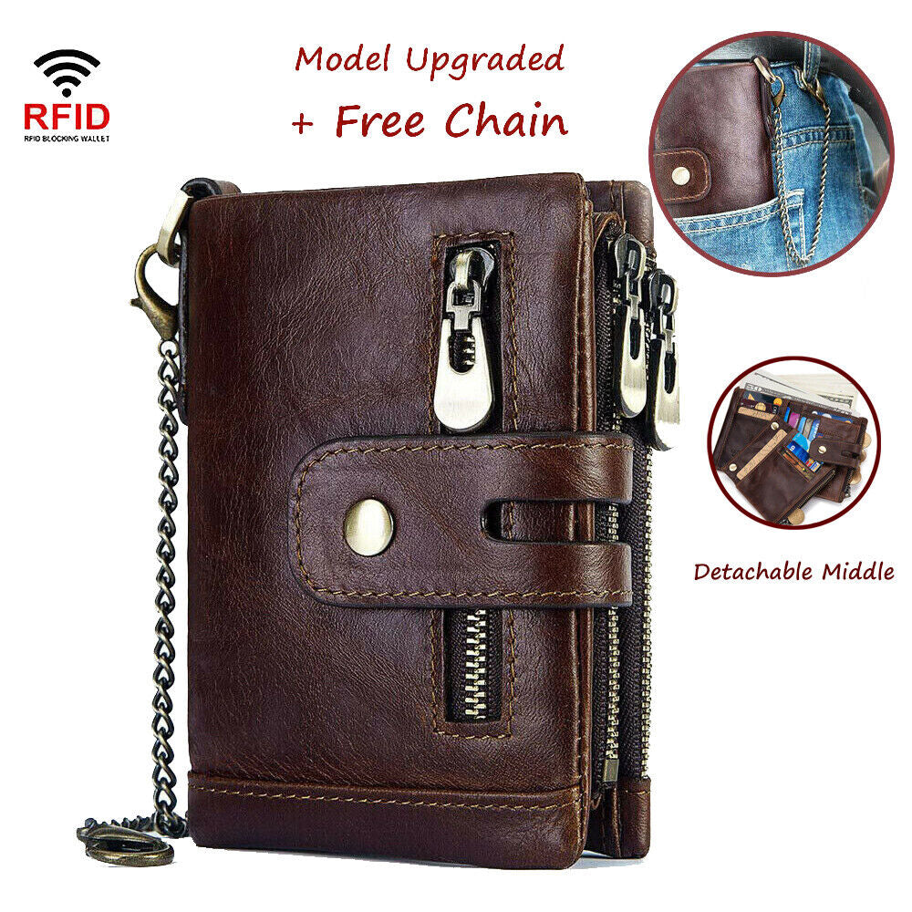 Men'S RFID Blocking Wallet Genuine Leather Purse Card Slots Coins Holder Chain