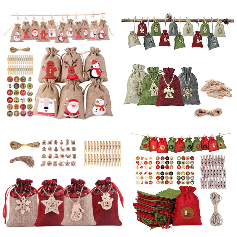 24Pcs Christmas Advent Calendar Bag Linen Wall Hanging Drawstring Bag with Clips Wooden Sign 2022 Christmas Countdown Advent Bag