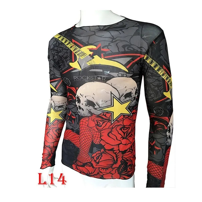 Fashion Men'S Fake Tattoo T-Shirts Long Sleeve Elastic Modal Thin All over Print O-Neck Tattoo Shirts Women Halloween Clothing