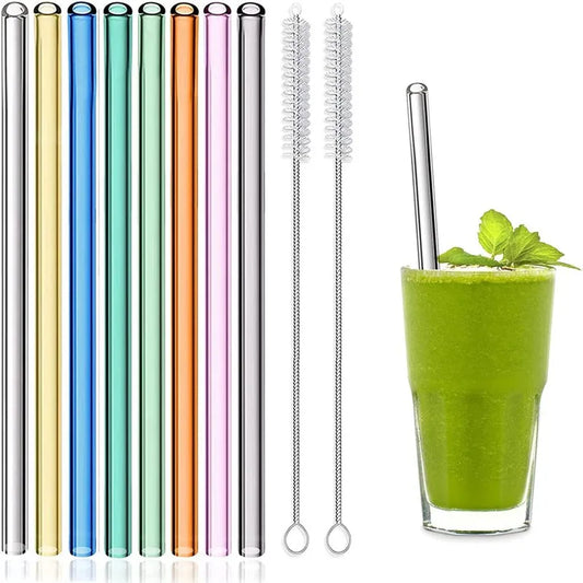 Eco-Friendly Reusable Glass Straws for Smoothies, Milkshakes, Tea, Juice, and Cocktails - Multi-Color Set with Cleaning Brush