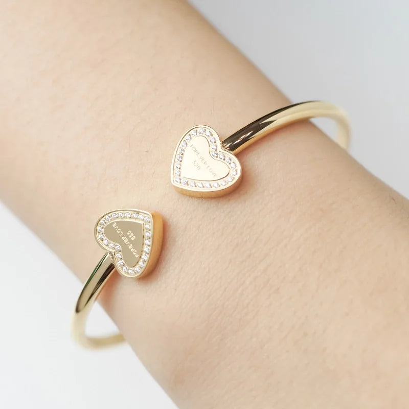 Trendy Two Heart Crystal Bangles for Women Men Stainless Steel Charm Women'S Bracelet Wedding Party Luxury Jewelry Gifts