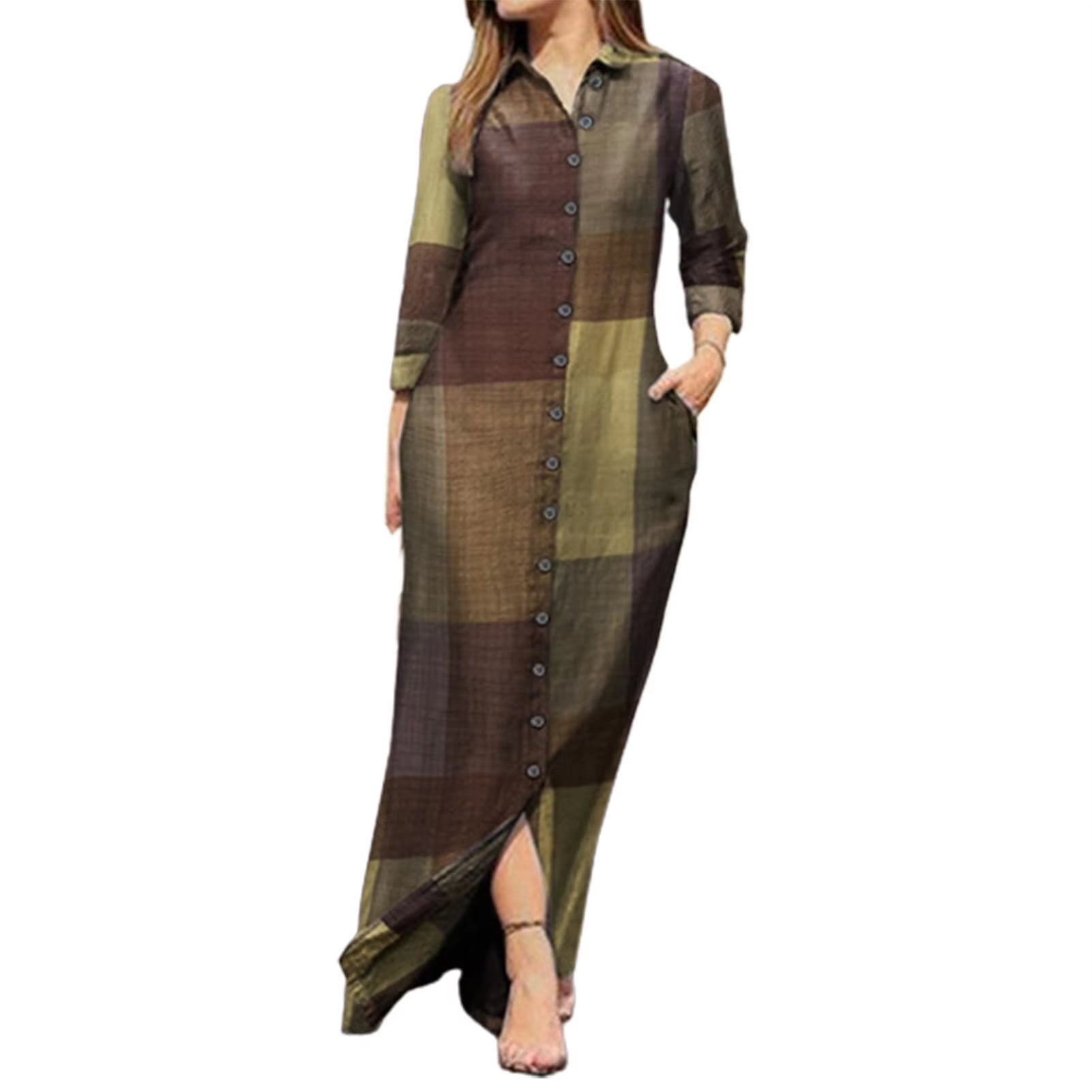 New Autumn Casual Fashion Women Dress Single-Breasted Long Sleeve Printed Loose Maxi 