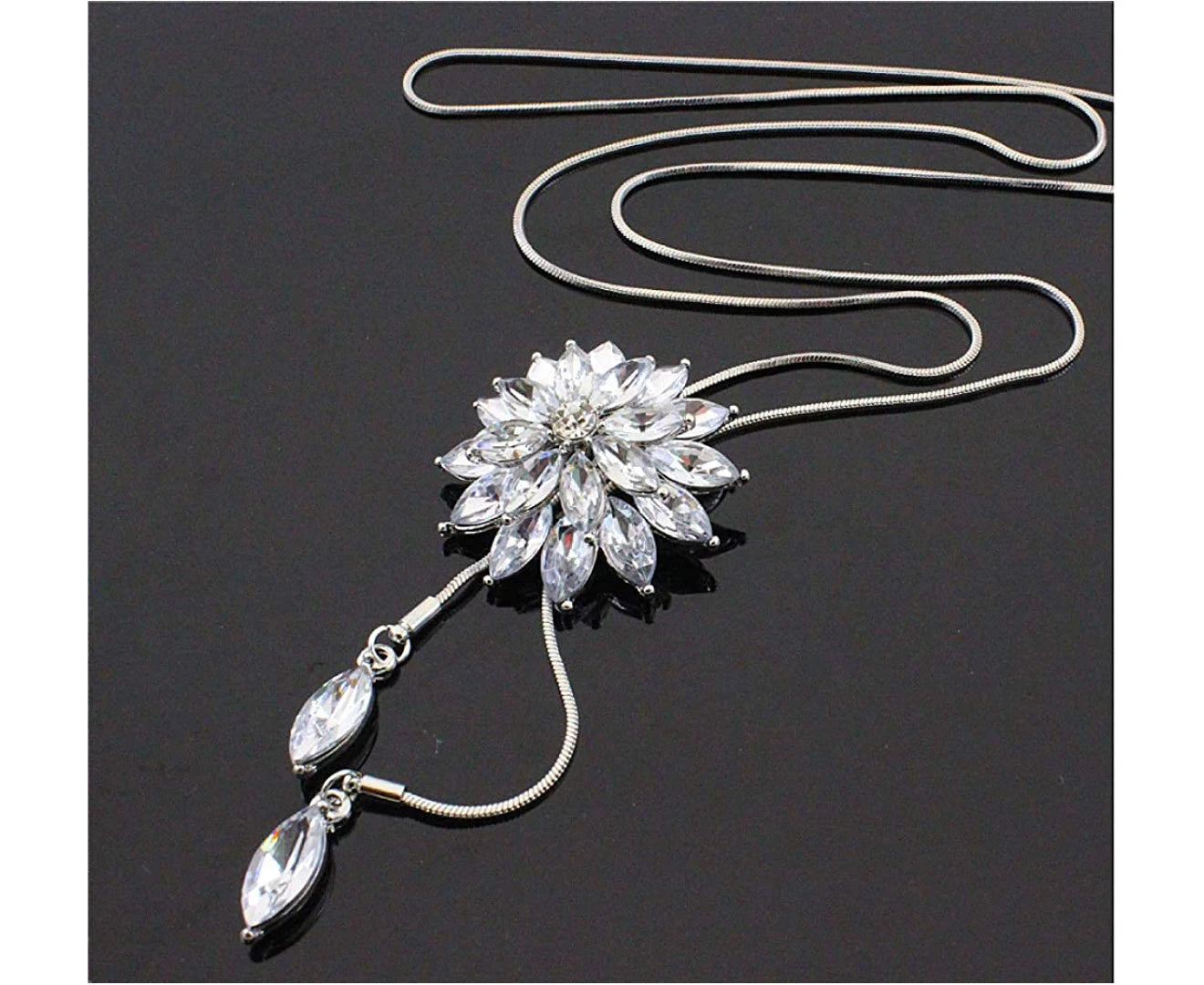 Rhinestone Lotus Pendant Long Necklace Ladies Sweater Chain Necklace