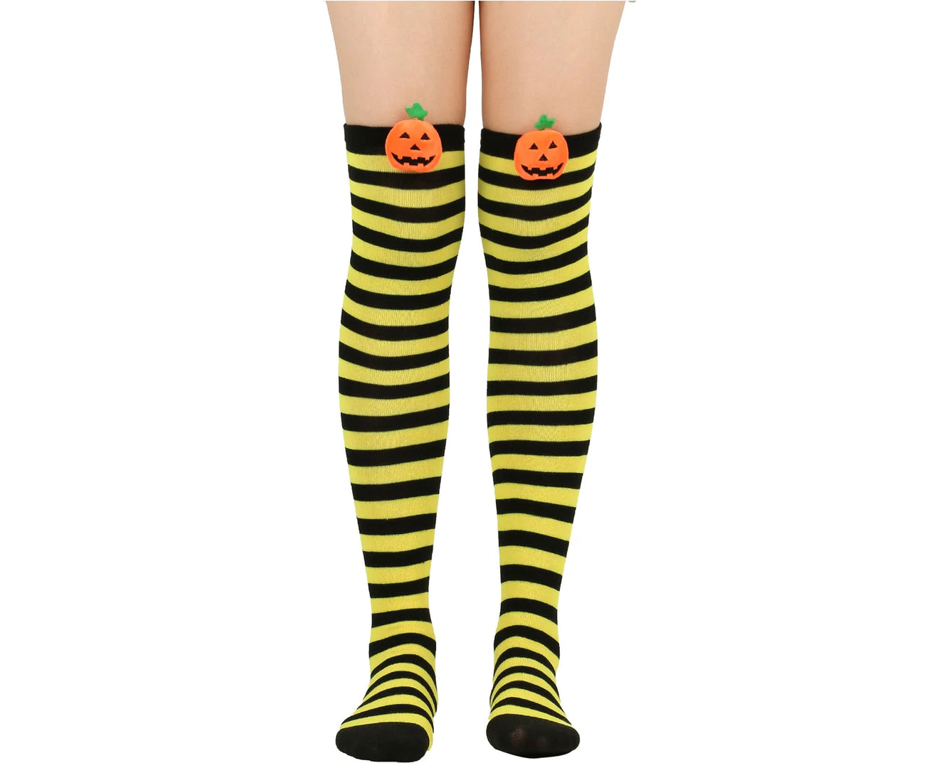 1 Pair Halloween Stockings over the Knee Pumpkin Striped Soft Keep Warm High Elasticity Solid Color Winter Thigh Socks for Halloween Party-Yellow - Yellow