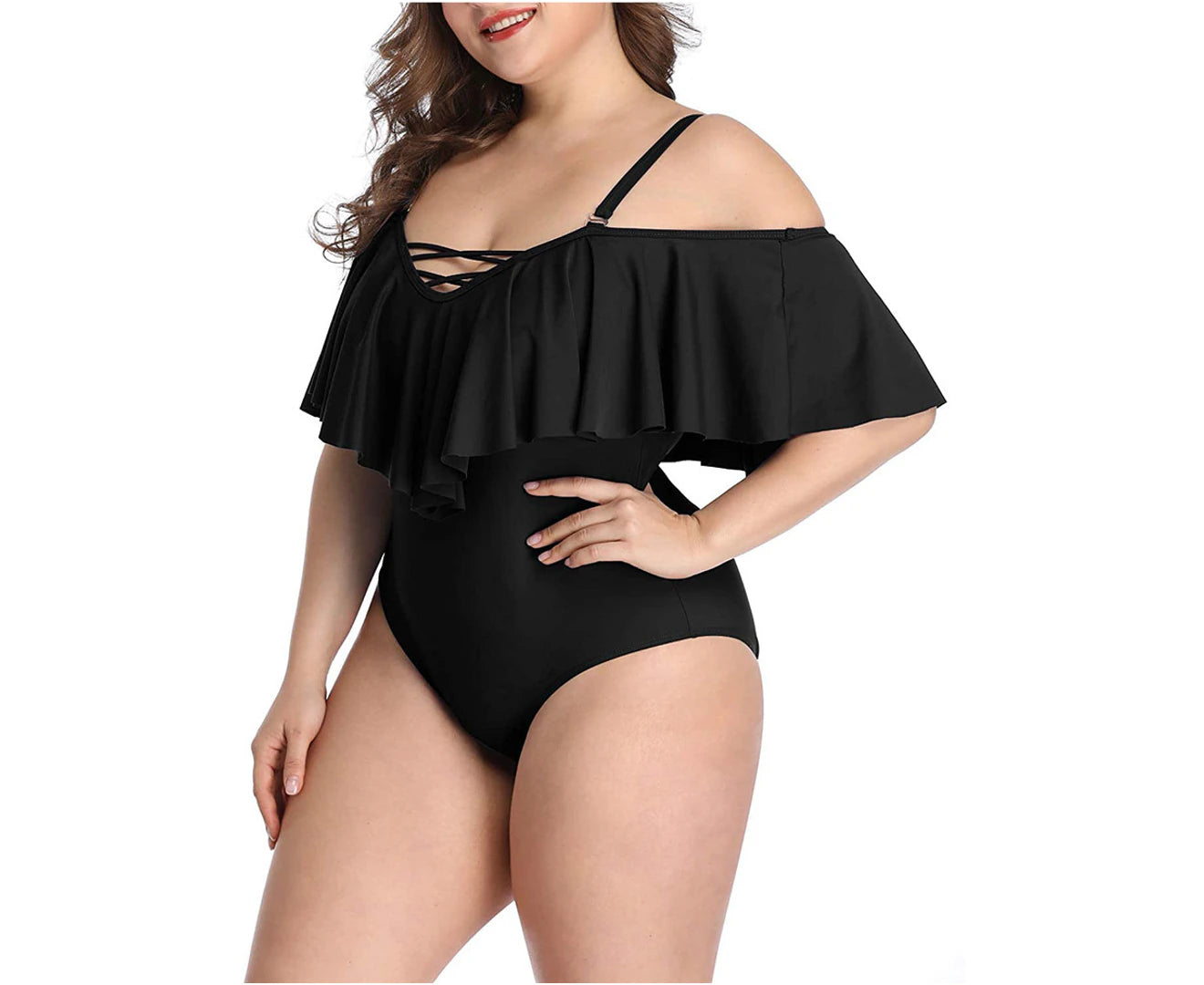 Stylish Plus Size Off-Shoulder One Piece Swimsuits with Tummy Control - Sleek Black Swimwear for Women