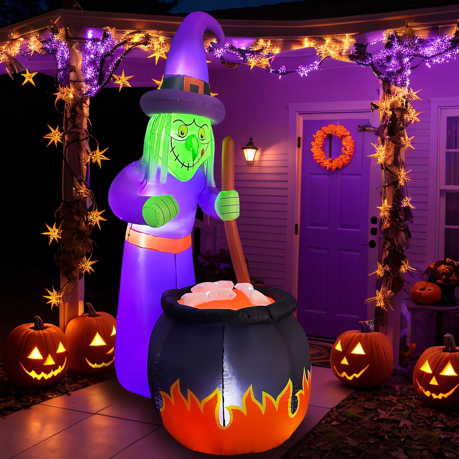 6 FT Halloween Cute Witch and Cauldron Inflatable Witch Outdoor Decorations Blow up Yard for Outdoor Garden Lawn Party Decor