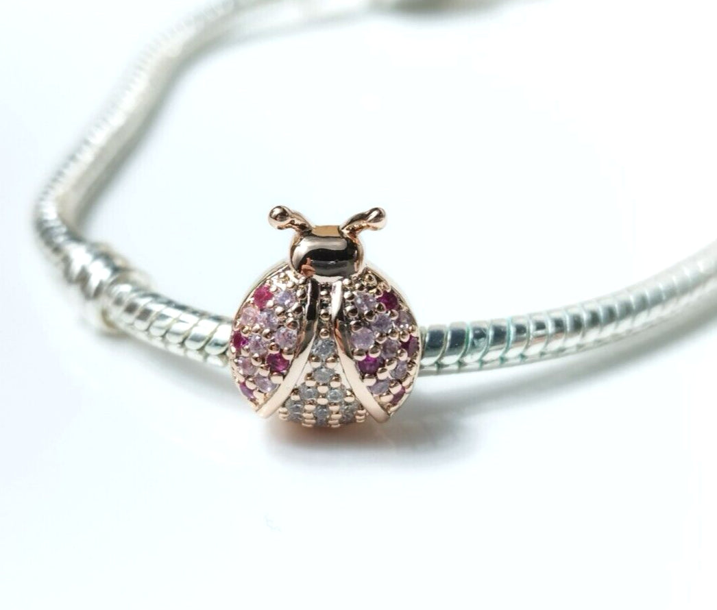 "Elegant Ladybird Crystal Charm - Rose Gold Plated Pendant for S925 Bracelets"