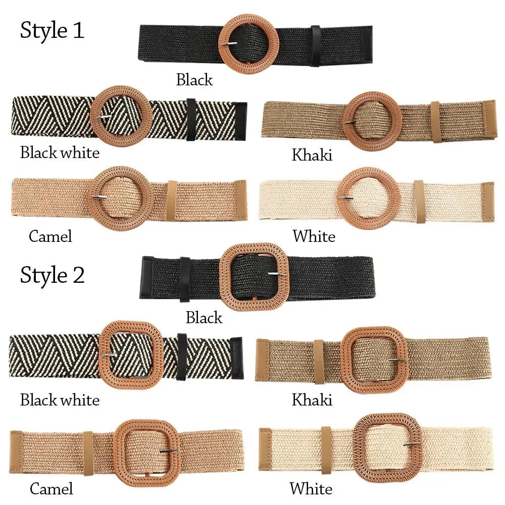 Fashion Women PP Straw Belt Bohemian Wide Elastic Waist Belt Braided Waistbelt Summer Casual Cloth Waistbelt Apparel Accessories