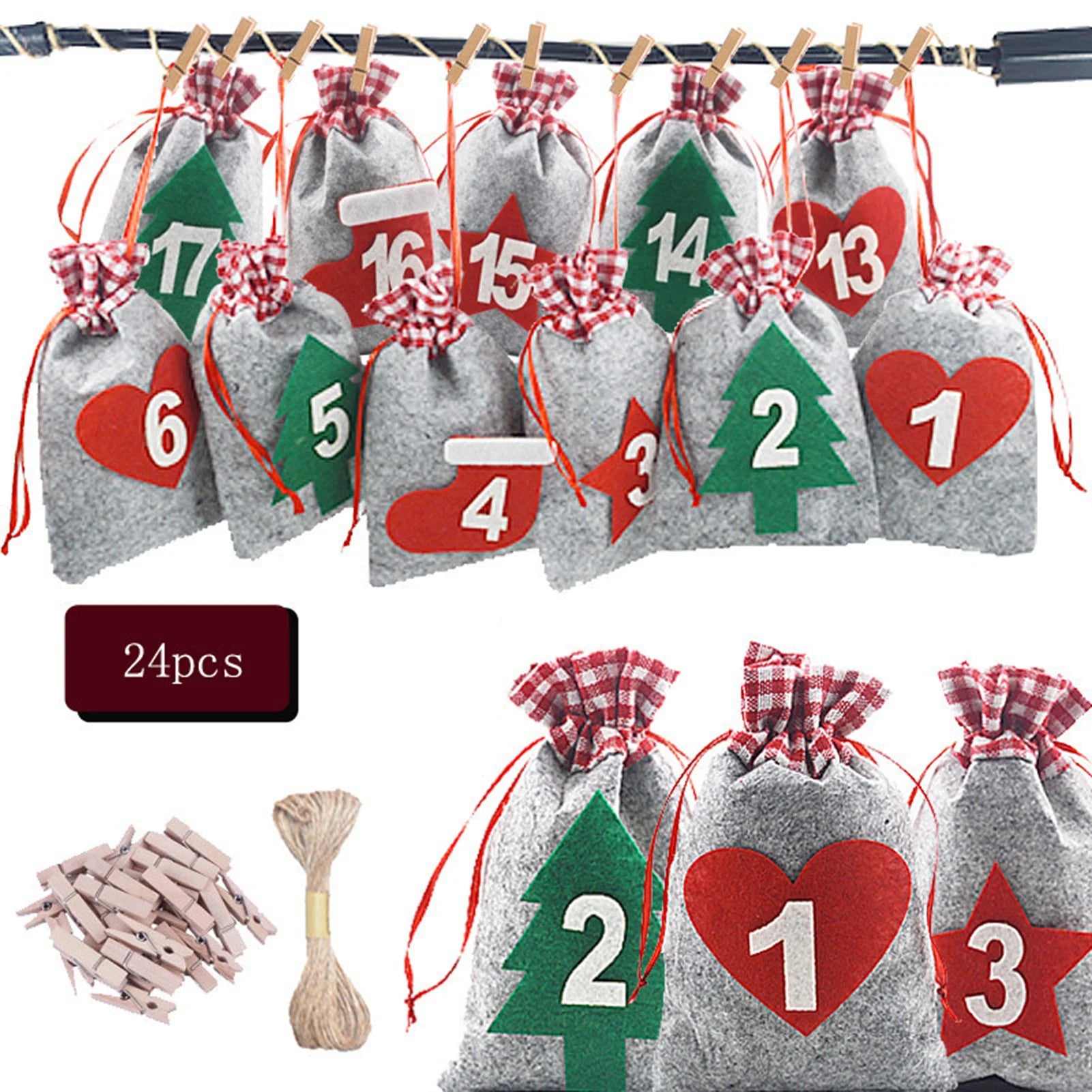 24Pcs Christmas Advent Calendar Bag Linen Wall Hanging Drawstring Bag with Clips Wooden Sign 2022 Christmas Countdown Advent Bag