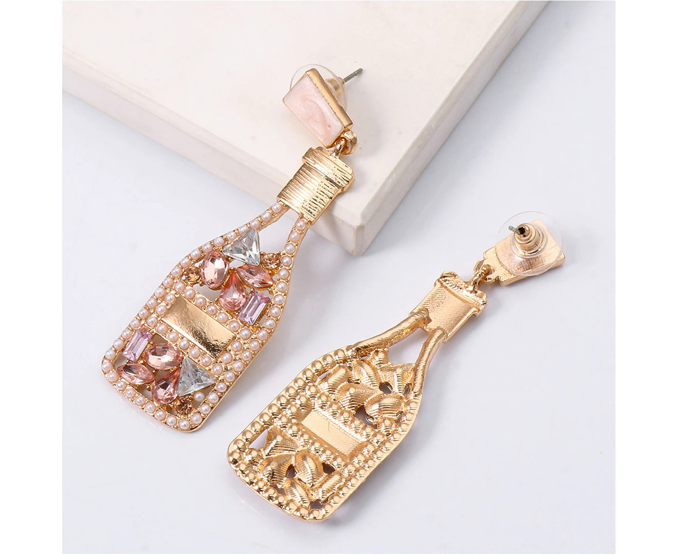 1 Pair Women Earrings Wine Bottle Rhinestones Creative Vintage Long Lasting Dangle Earrings for Banquet - Pink