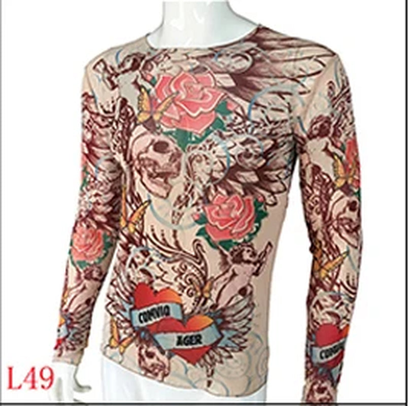 Fashion Men'S Fake Tattoo T-Shirts Long Sleeve Elastic Modal Thin All over Print O-Neck Tattoo Shirts Women Halloween Clothing