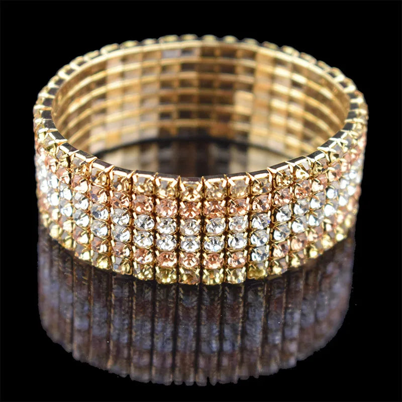 Bridal Rhinestone Bracelet Multi-Row Crystal Stretch Bracelet Wristband Stretchable Bracelet Gold Silver Plated Width Bracelet