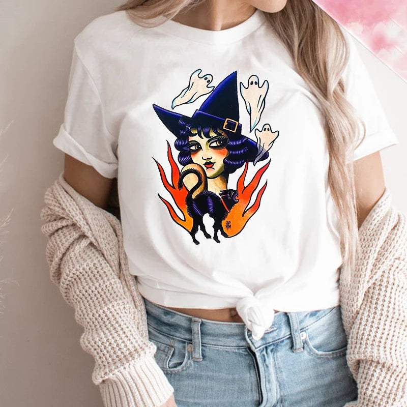 Colored the Good Witch Ghost T-Shirt Halloween Women 100% Cotton Funny Spirit Tshirt Grunge Graphic Fashion Cool Wicca Clothes