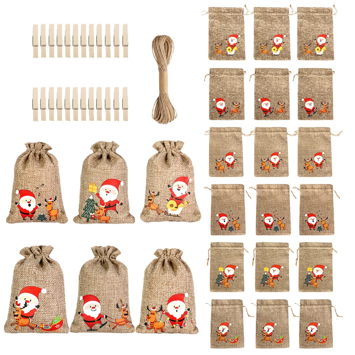 24Pcs Christmas Advent Calendar Bag Linen Wall Hanging Drawstring Bag with Clips Wooden Sign 2022 Christmas Countdown Advent Bag