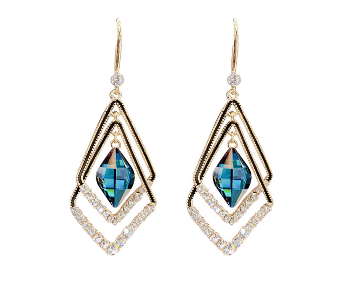 "Stunning Blue Double Layer Rhinestone Earrings – Sparkling Electroplated Hook Design for Elegant Banquets"