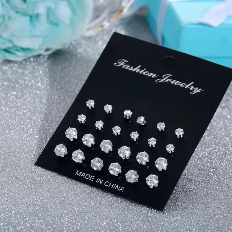 12 Pairs/Pack White Shiny Wedding Stud Earrings Set for Women Men Crystal Jewelry Accessories Minimalist Earrings Jewelry Gifts