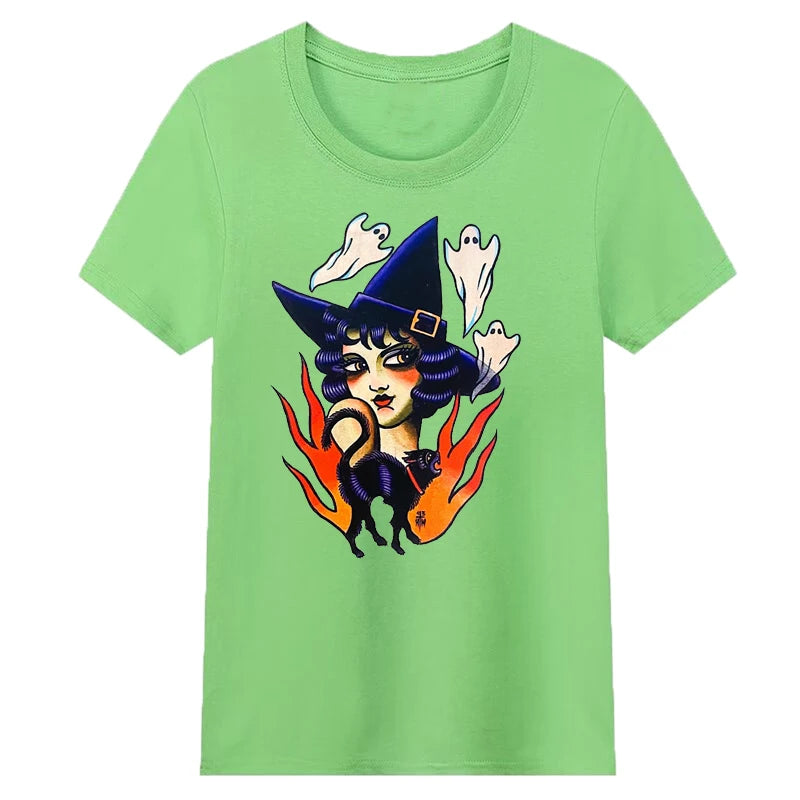 Colored the Good Witch Ghost T-Shirt Halloween Women 100% Cotton Funny Spirit Tshirt Grunge Graphic Fashion Cool Wicca Clothes