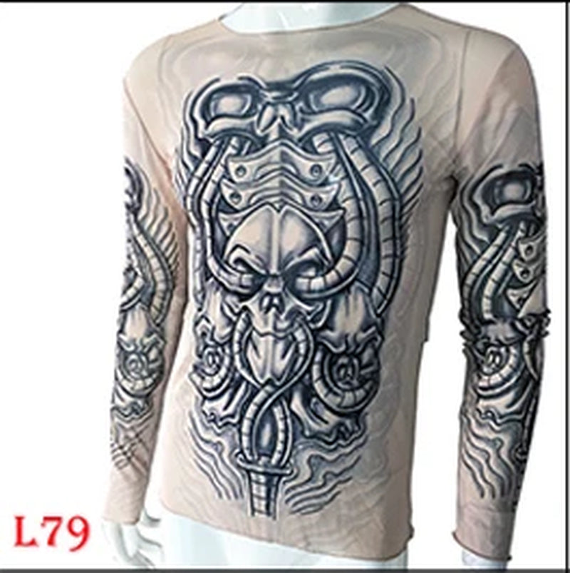 Fashion Men'S Fake Tattoo T-Shirts Long Sleeve Elastic Modal Thin All over Print O-Neck Tattoo Shirts Women Halloween Clothing