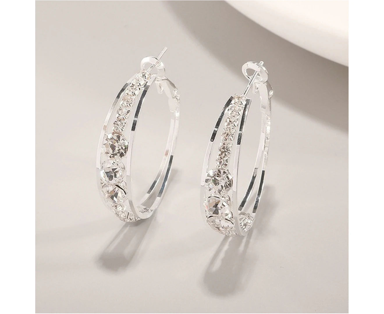 Women Earrings Attractive Shiny Rhinestones Inlaid Hoop Earrings Piercing Jewelry for Party-Silver - Silver