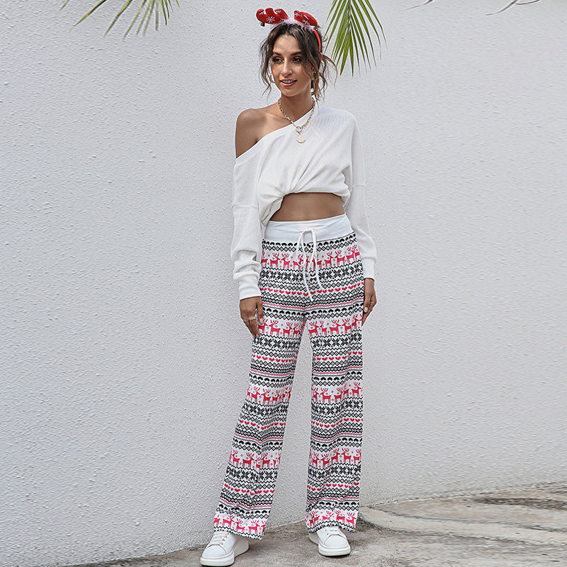 "Festive Charm: Women's Casual Drawstring Trousers with Christmas Snowflake, Tree, and Elk Print"