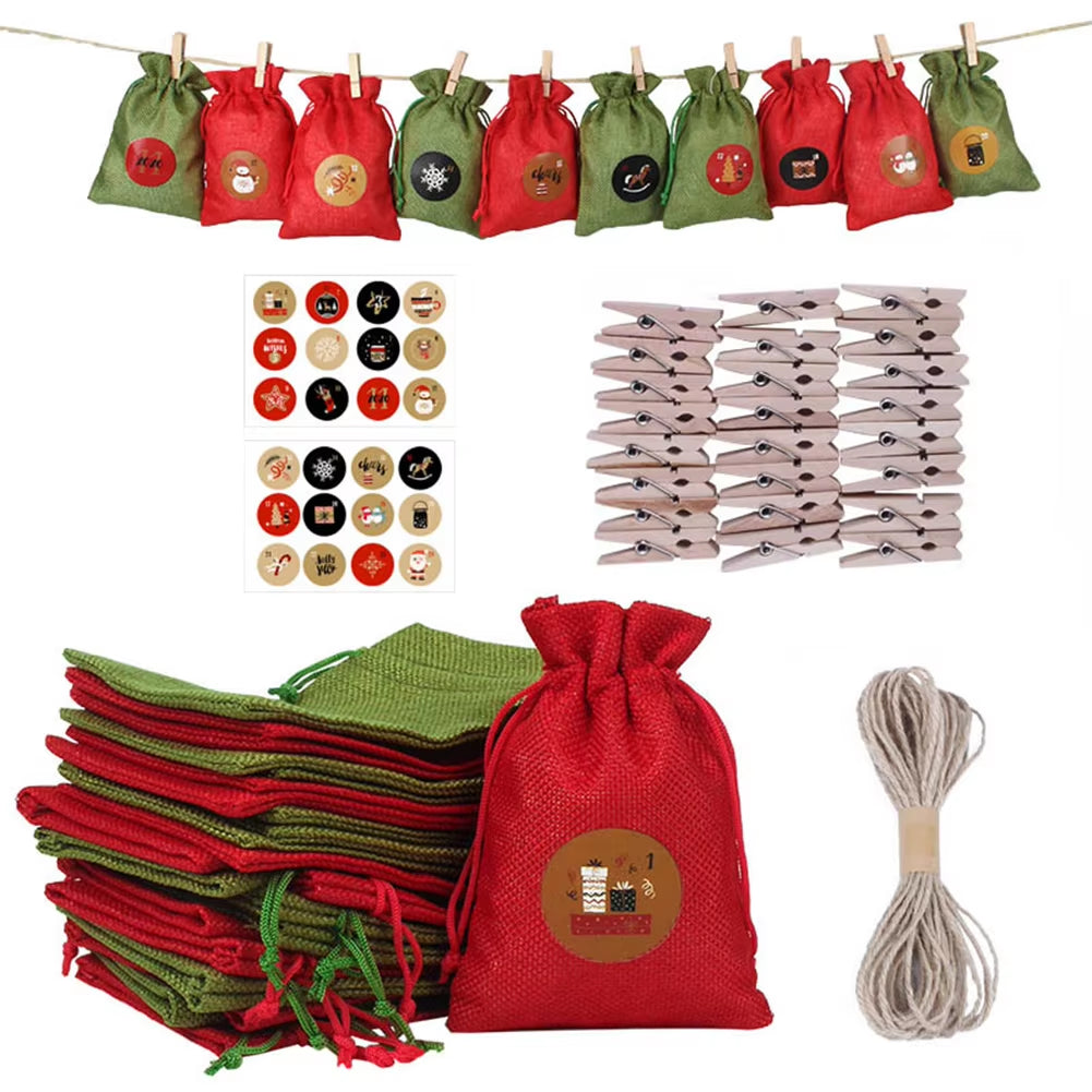 24Pcs Christmas Advent Calendar Bag Linen Wall Hanging Drawstring Bag with Clips Wooden Sign 2022 Christmas Countdown Advent Bag