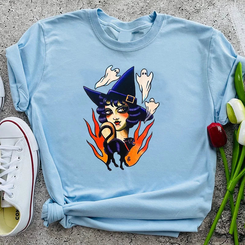 Colored the Good Witch Ghost T-Shirt Halloween Women 100% Cotton Funny Spirit Tshirt Grunge Graphic Fashion Cool Wicca Clothes