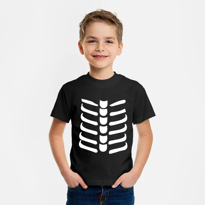 New 2021 Kids Halloween Costume 3D Skeleton Print Balck T-Shirts Cotton round Neck Casual T-Shirt Children'S Clothing 2T to 10Y