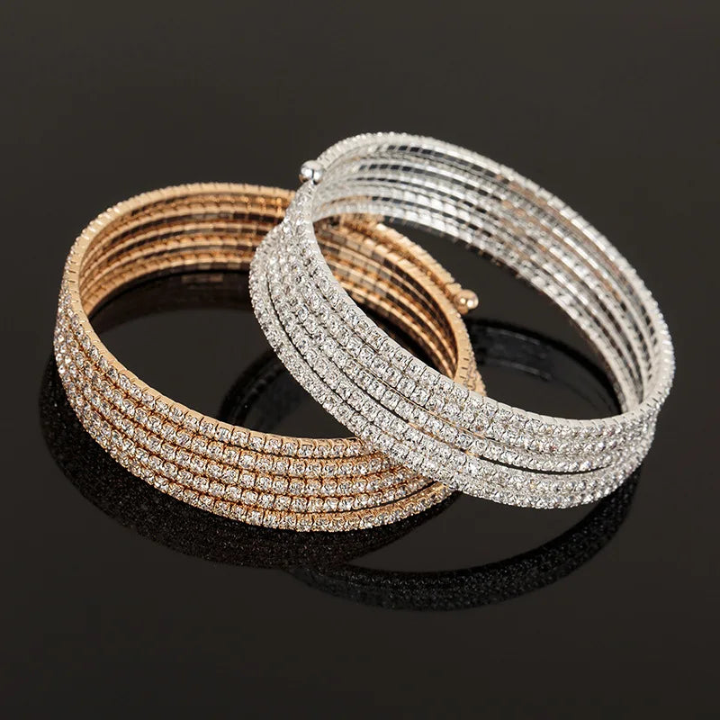 Exquisite Bridal Wedding Bracelet Color Crystal Bracelet Women Multi-Layer round Arm Bracelet Gold and Silver Open Bracelet Gift