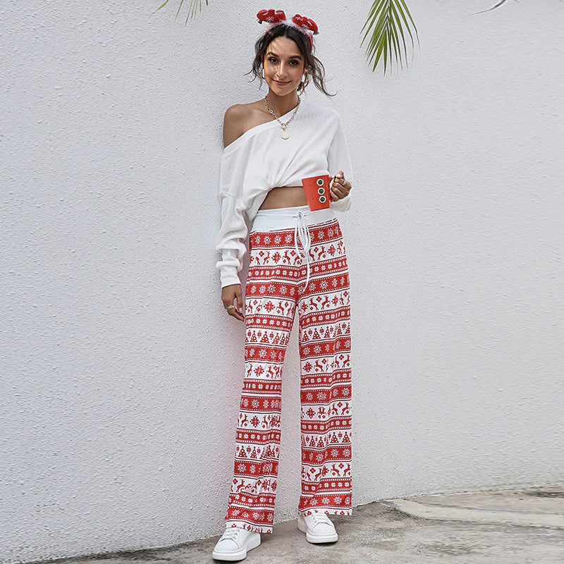 "Festive Charm: Women's Casual Drawstring Trousers with Christmas Snowflake, Tree, and Elk Print"