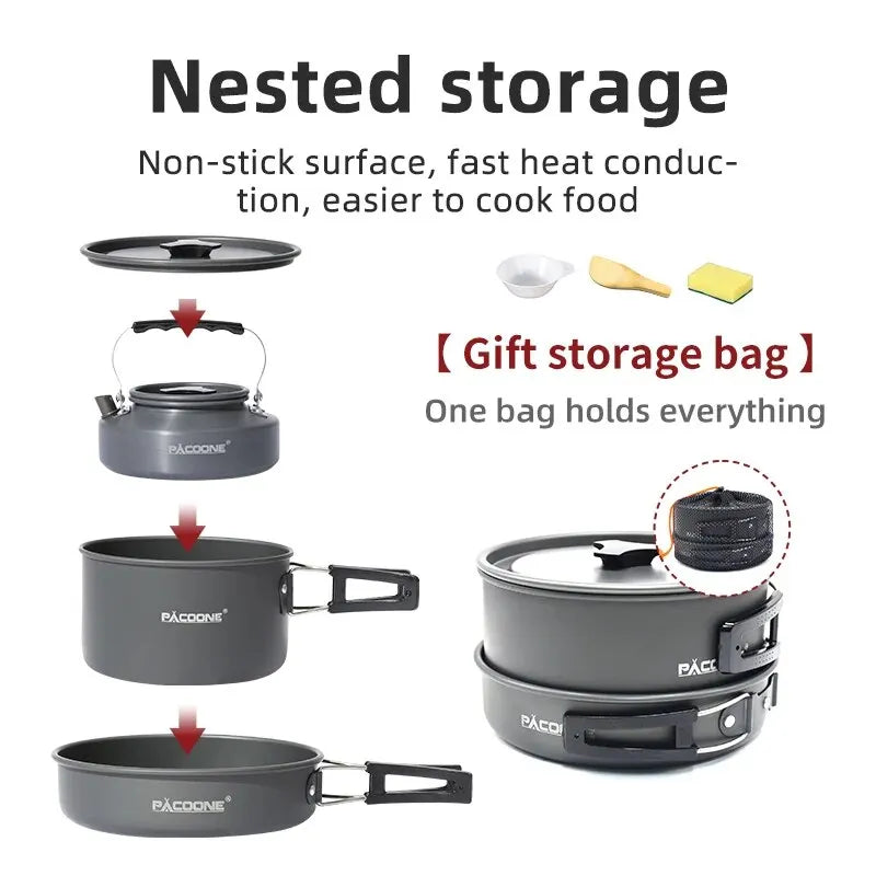 Camping Cookware Set Portable Cookware Kit Outdoor Pot Cooking Water Kettle Pan Set Tableware Hiking Picnic Equipment