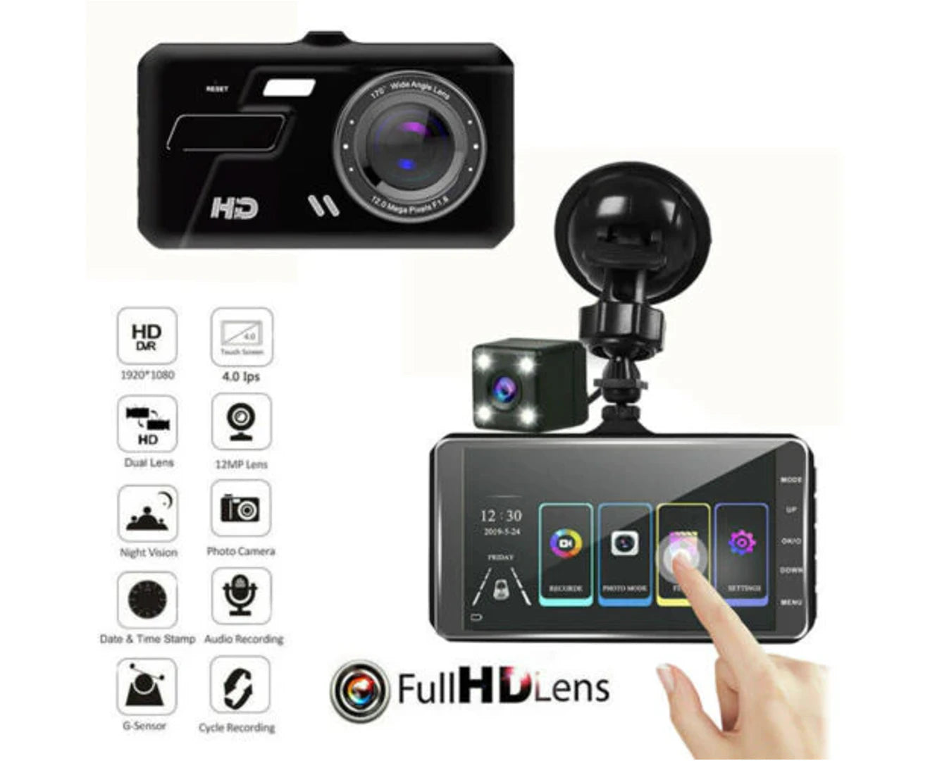 Mini 4" Car Dash Camera Touch Night Vision Mobile Monitor Video DVR Recorder Front and Rear Dual Cam